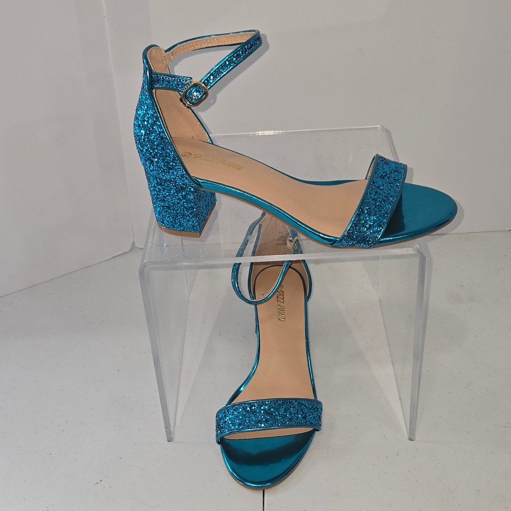 Pizz Annu Teal Blue Glitter Block Heel Sandals Ankle Strap Luckyy Size 7.5